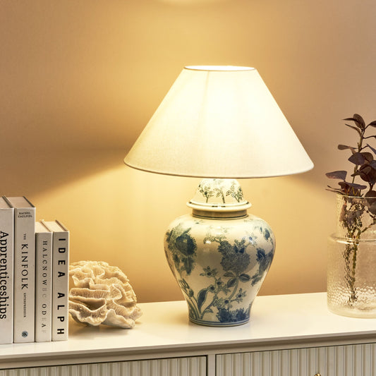 Home Blue And White Porcelain Floral Table Lamp Linen Shade