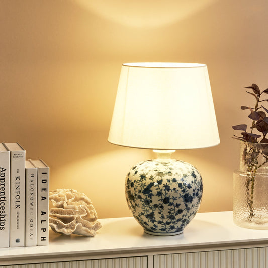 Porcelain Floral Table Lamp White Blue Linen Drum Shade