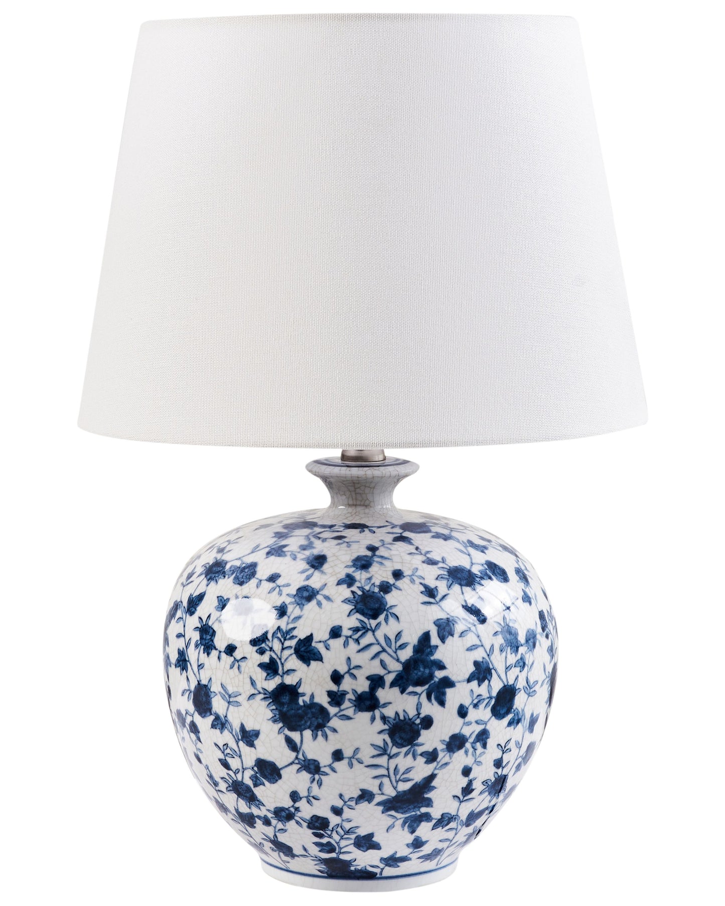 Porcelain Floral Table Lamp White Blue Linen Drum Shade