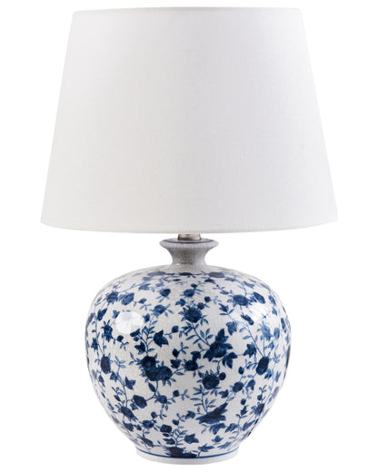 Porcelain Floral Table Lamp White Blue Linen Drum Shade