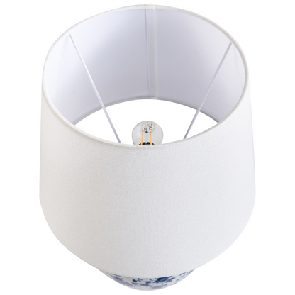Porcelain Floral Table Lamp White Blue Linen Drum Shade