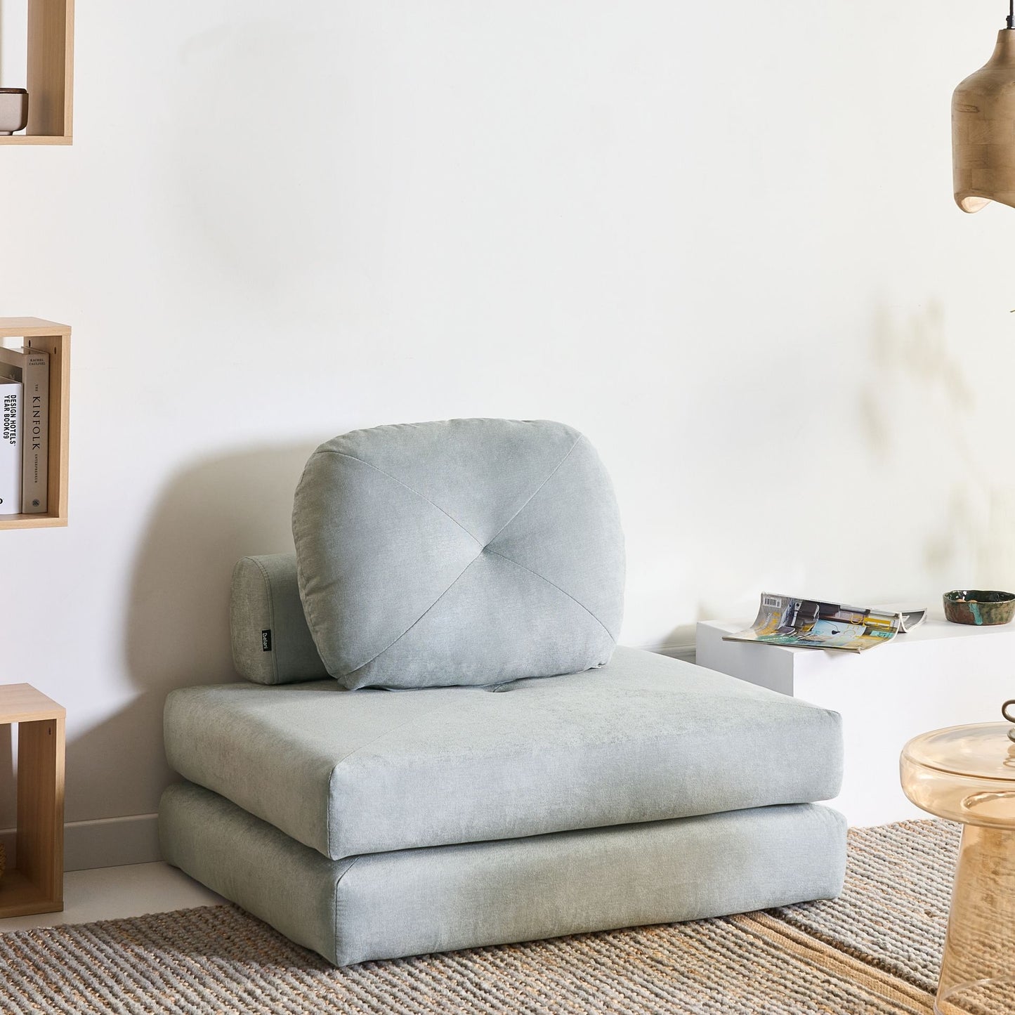 Sofa Pouffe Bed Light Blue Chenille Single Sleeper