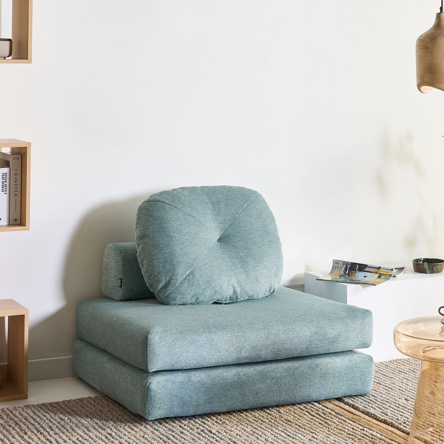 Sofa Pouffe Bed Mint Green Fabric Fold Out Single Sleeper