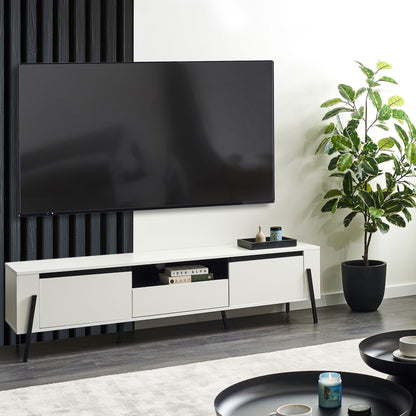 White TV Stand With Industrial Metal Legs For Up To 75 Inch TVs One Drawer And Two Cabinets
