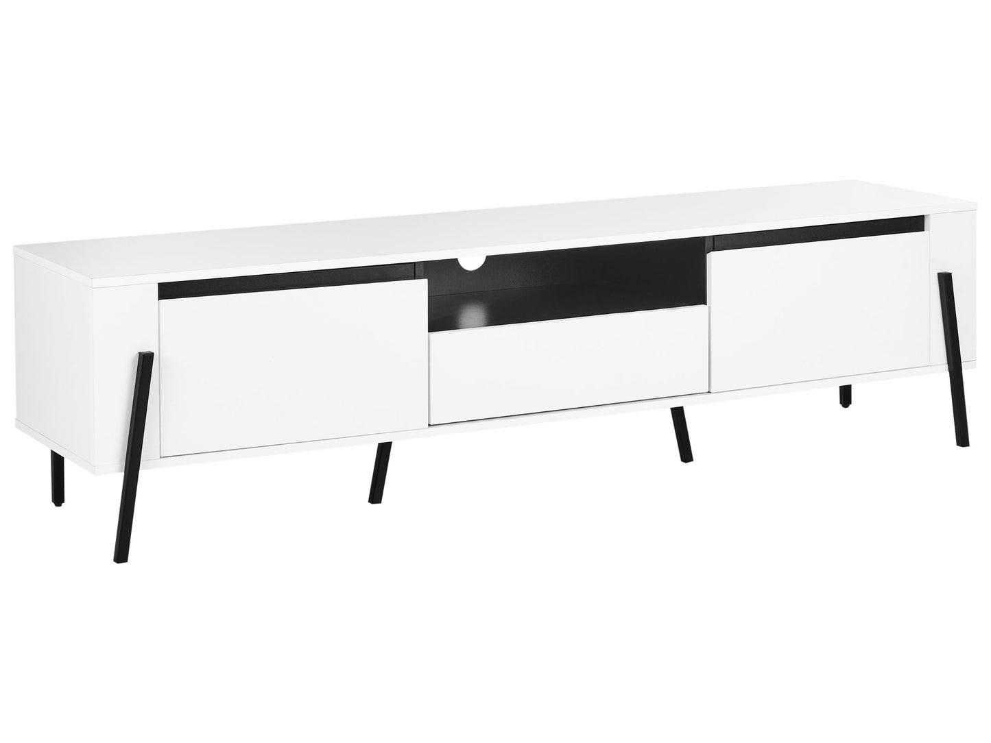 White TV Stand With Industrial Metal Legs For Up To 75 Inch TVs One Drawer And Two Cabinets