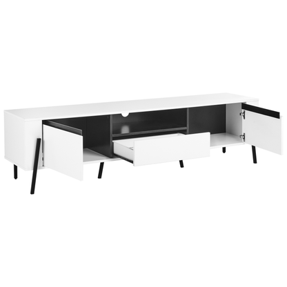 White TV Stand With Industrial Metal Legs For Up To 75 Inch TVs One Drawer And Two Cabinets