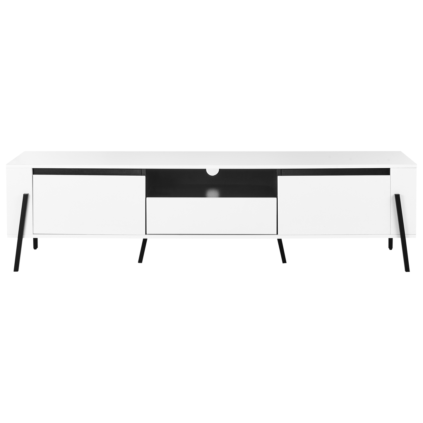 White TV Stand With Industrial Metal Legs For Up To 75 Inch TVs One Drawer And Two Cabinets