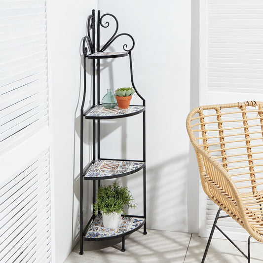 Vintage Rustic Black Iron 4-Tier Foldable Corner Ladder Shelf for Indoor and Outdoor Use with Ceramic Tiles