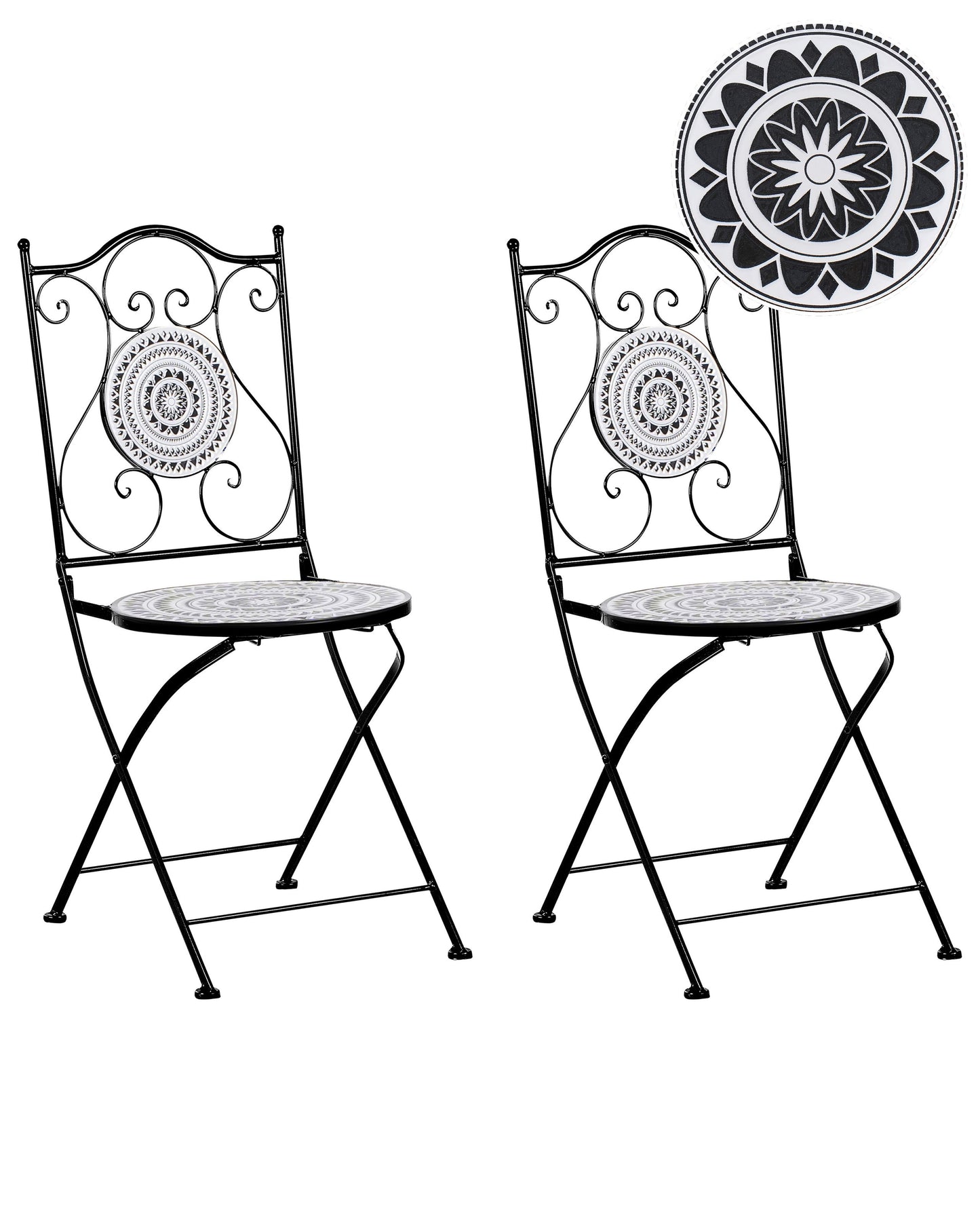 Folding Chairs Set 2 Black White Ceramic Tile Iron Frame