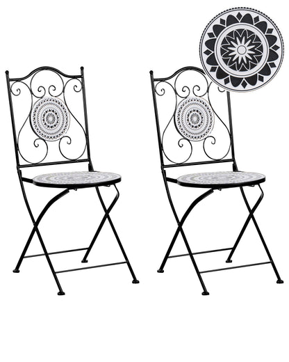 Folding Chairs Set 2 Black White Ceramic Tile Iron Frame