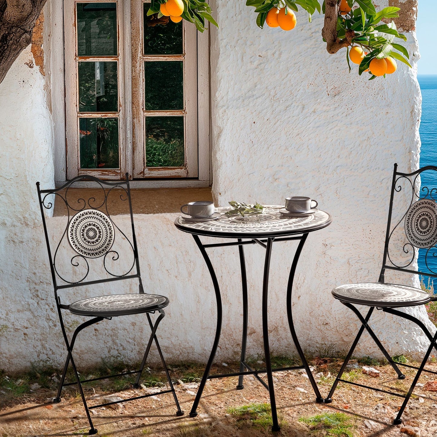 Iron Folding Black White Ceramic Tile Bistro Table