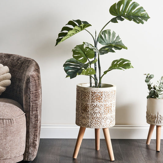 Off White Distressed Vintage Plant Pot With Wooden Legs For Indoor Outdoor