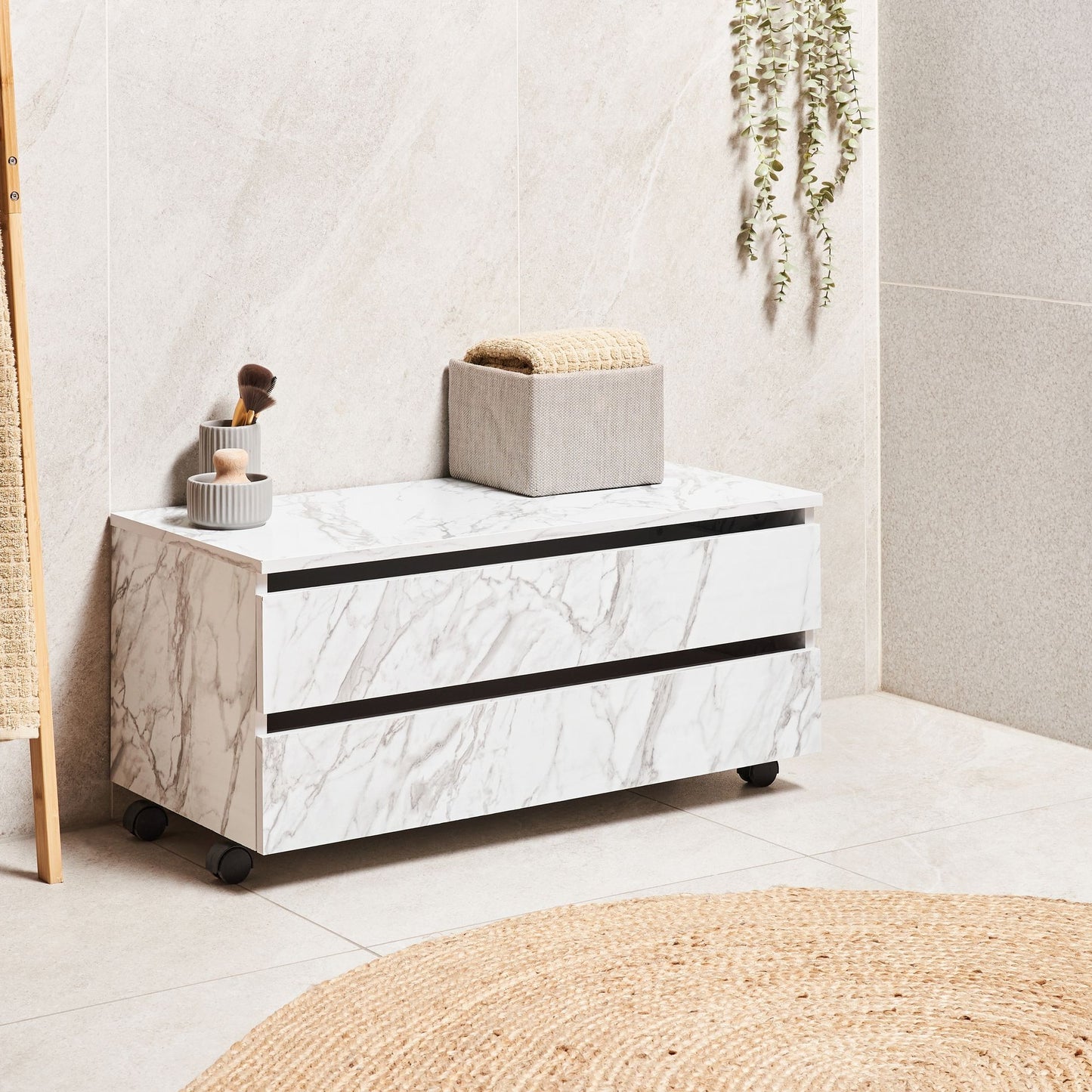 White Marble Bathroom Cabinet With Wheels 2 Drawers