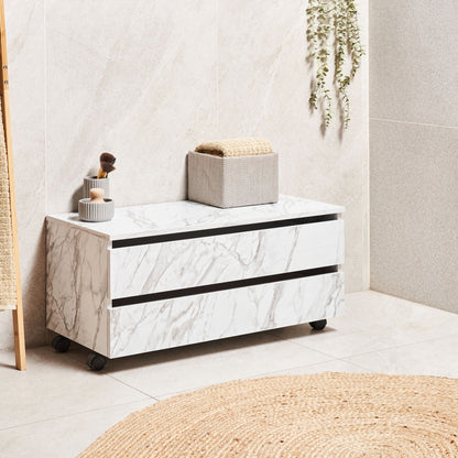 White Marble Bathroom Cabinet With Wheels 2 Drawers