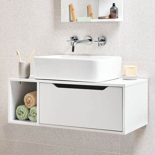 Wall Mounted Bathroom Cabinet White Marble MDP Body 80 x 40cm Fluted Front
