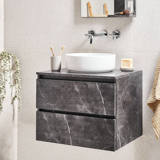 Black Marble Wall Mounted Cabinet 60 x 47cm Fluted Front 2 Drawers