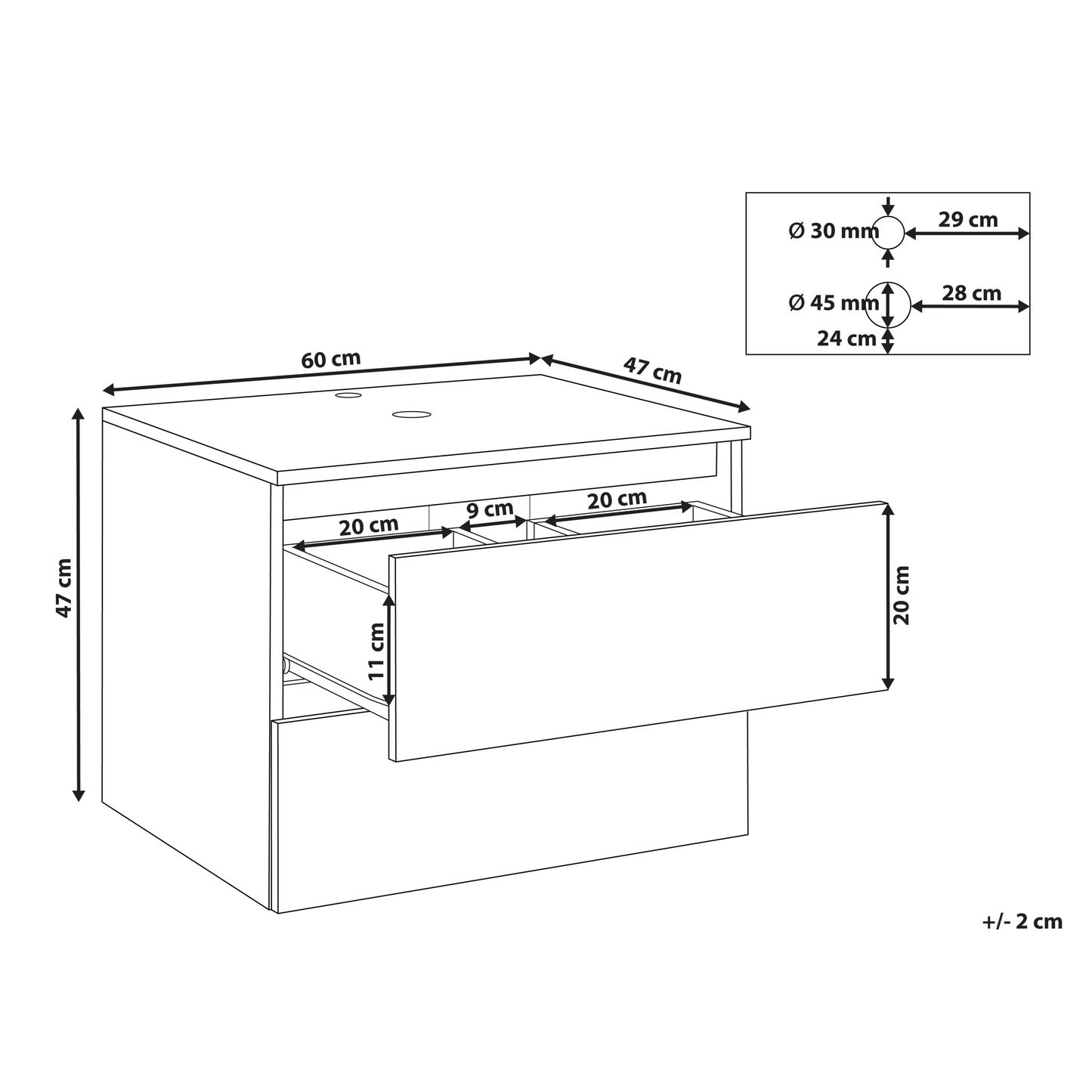 Wall Mounted Bath Cabinet 60 x 47 White Marble Fluted Front