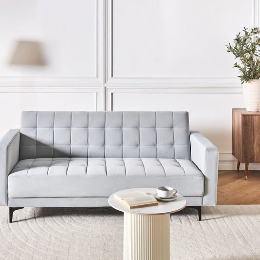 Sofa Bed Light Grey Velvet Tufted 3Seater Track Arm