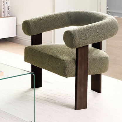 Boucle Armchair In Green And Dark Brown With Retro Wooden Legs For Living Room Accent