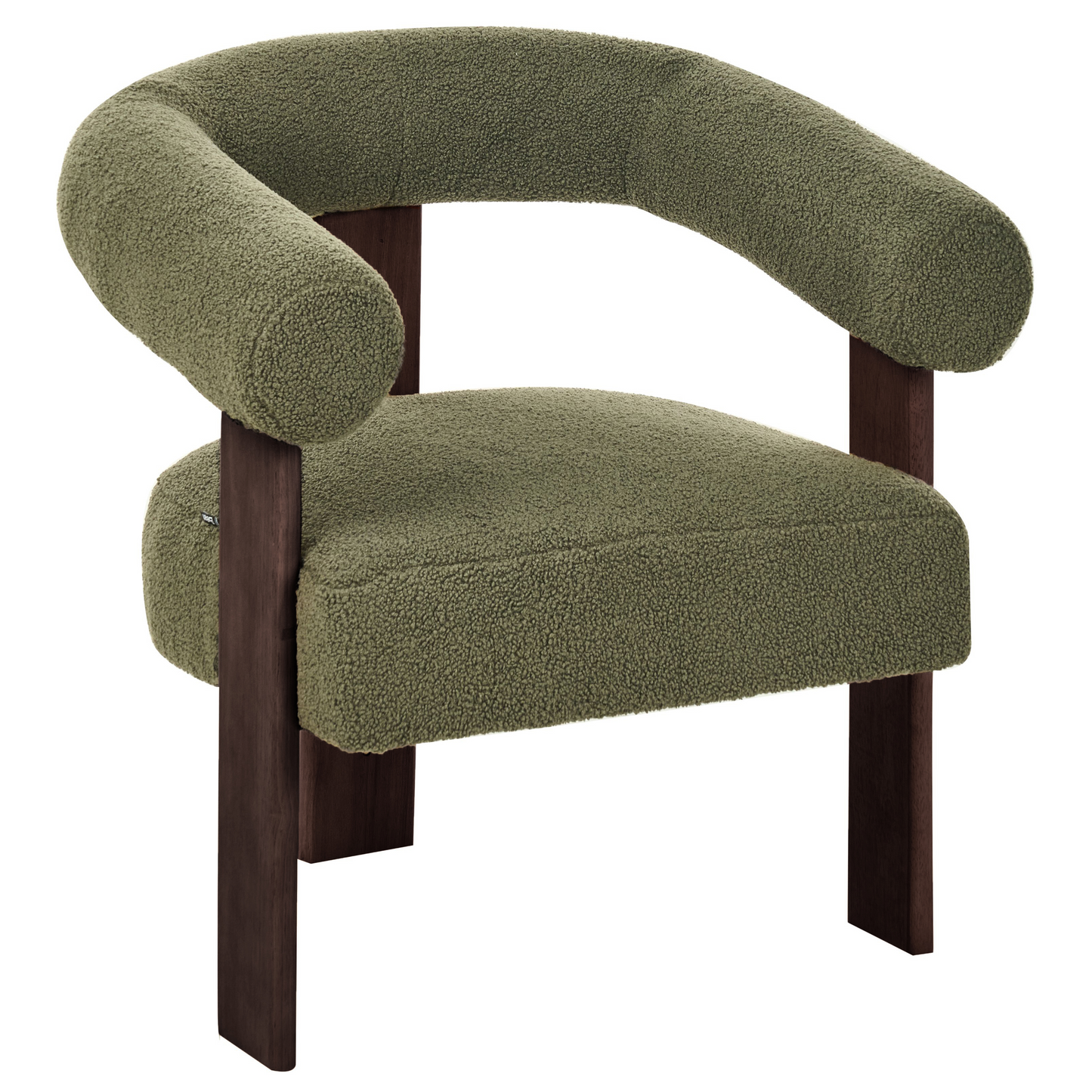Boucle Armchair In Green And Dark Brown With Retro Wooden Legs For Living Room Accent