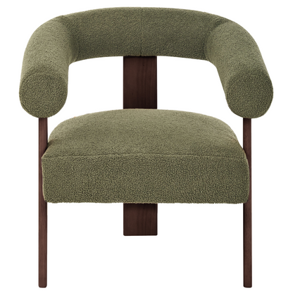 Boucle Armchair In Green And Dark Brown With Retro Wooden Legs For Living Room Accent