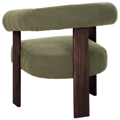 Boucle Armchair In Green And Dark Brown With Retro Wooden Legs For Living Room Accent