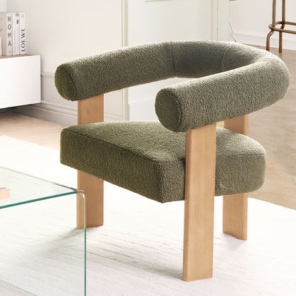 Armchair Green And Light Brown Boucle Upholstery Retro Design With Wooden Legs