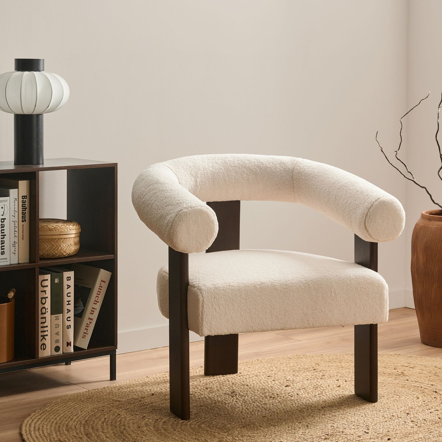 Armchair Boucle OffWhite Brown Retro Design Wooden Legs