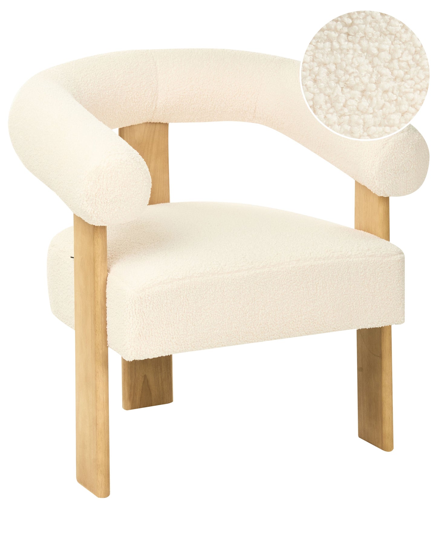 Armchair Boucle Off White Brown Retro Wood Legs