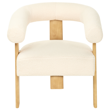 Armchair Boucle Off White Brown Retro Wood Legs