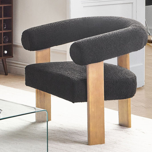 Armchair Black And Light Brown Boucle With Wooden Legs