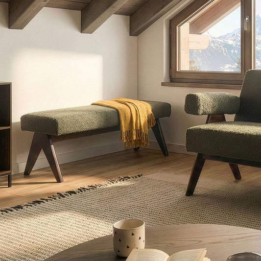 Boucle Bench Green and Brown Upholstered With Wooden Legs