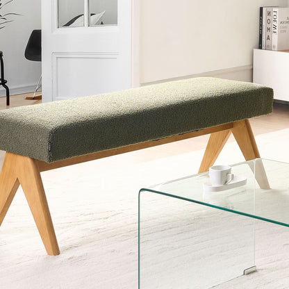 Boucle Bench Green And Light Brown Upholstered Wood Legs