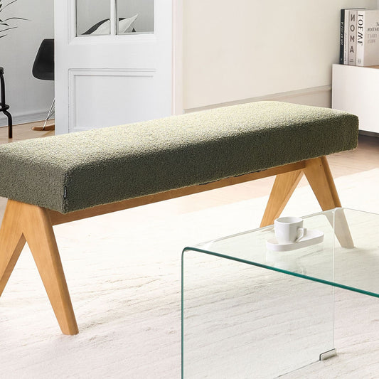 Boucle Bench Green And Light Brown Upholstered Wood Legs