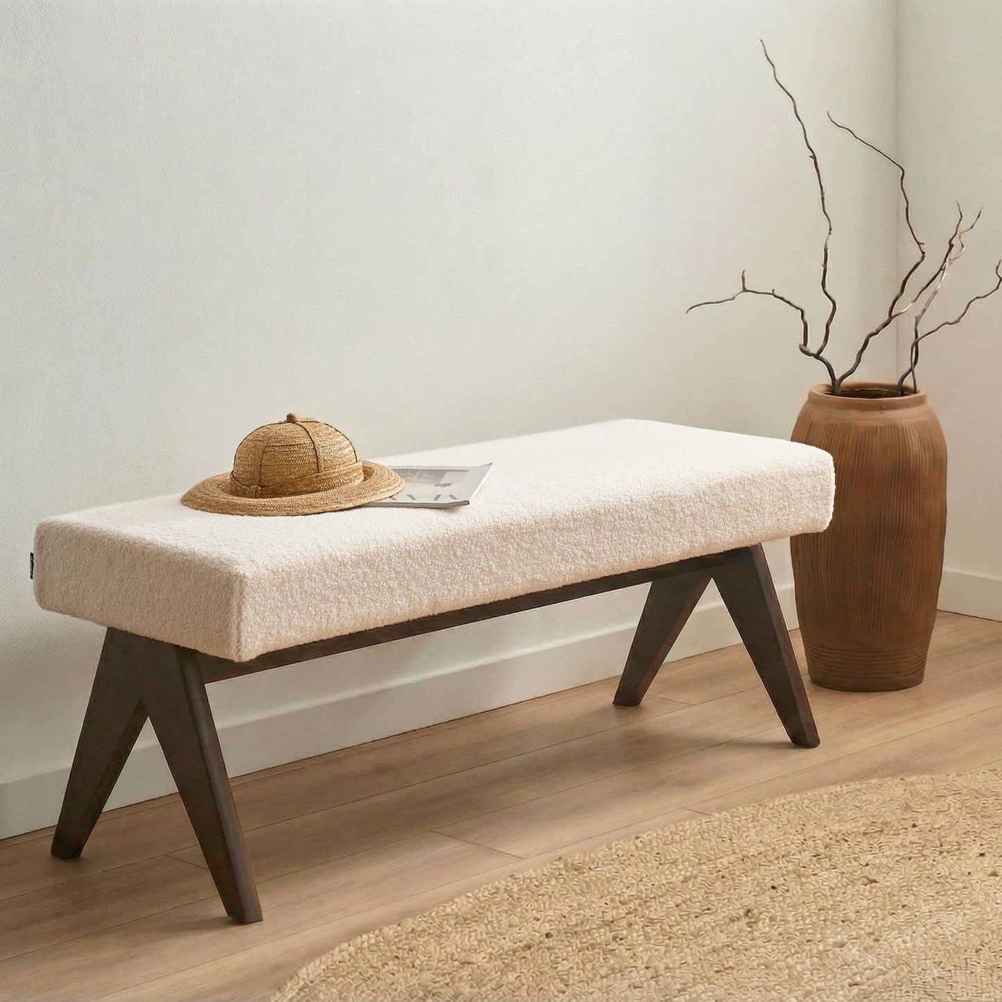 Boucle Bench Off White And Brown Upholstered Wood Legs