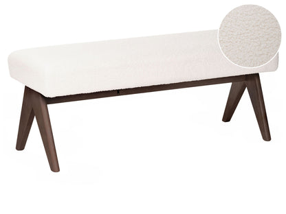 Boucle Bench Off White And Brown Upholstered Wood Legs