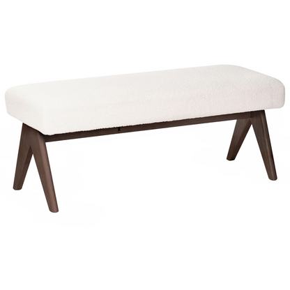 Boucle Bench Off White And Brown Upholstered Wood Legs
