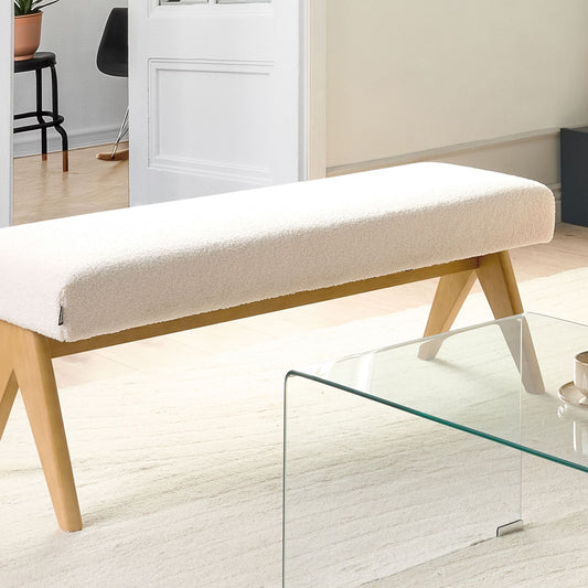 Boucle Bench Off White And Light Brown Wood Legs