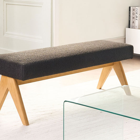 Boucle Bench Black And Light Brown Upholstered Wood Legs Hallway Seat