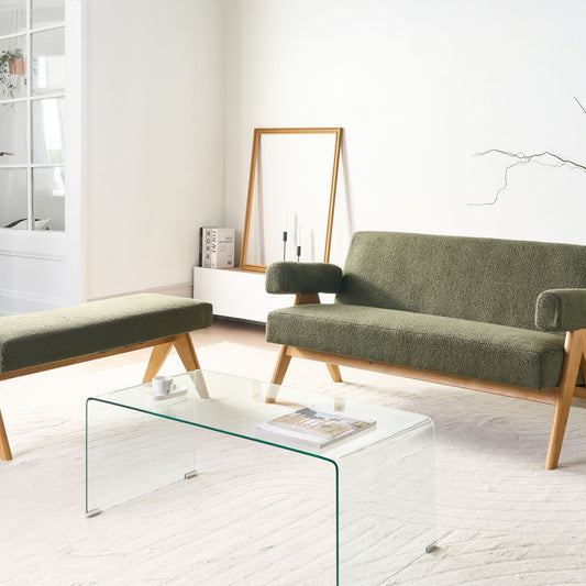Asterra Boucle Sofa Set 2 Seater Green and Light Brown Wooden Legs