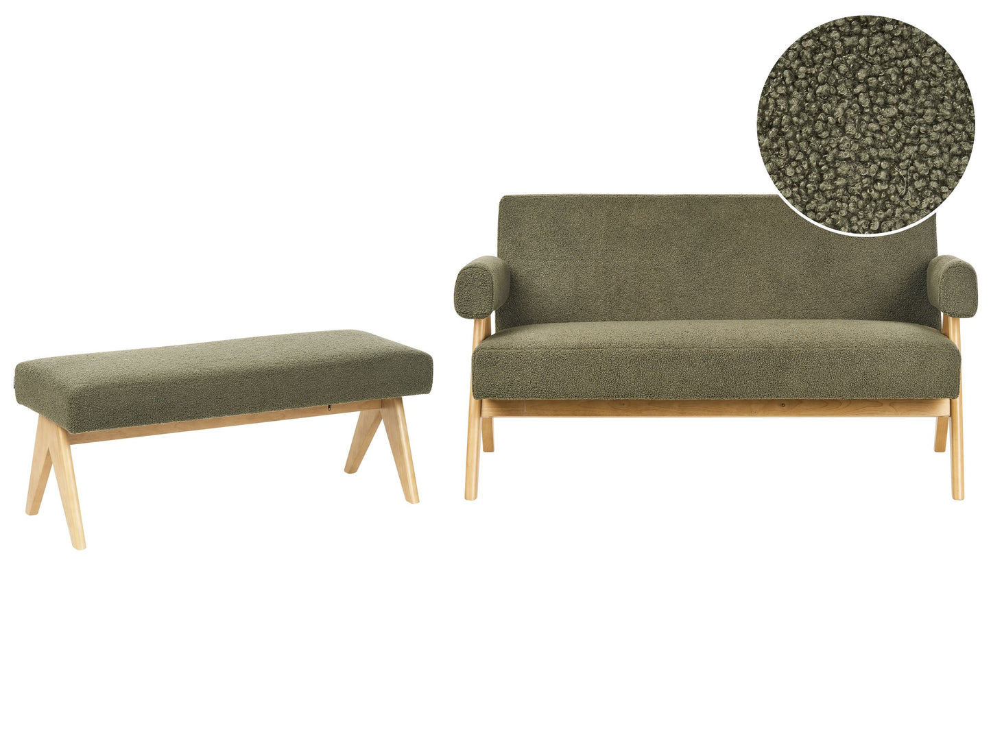Asterra Boucle Sofa Set 2 Seater Green and Light Brown Wooden Legs