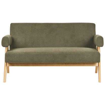 Asterra Boucle Sofa Set 2 Seater Green and Light Brown Wooden Legs