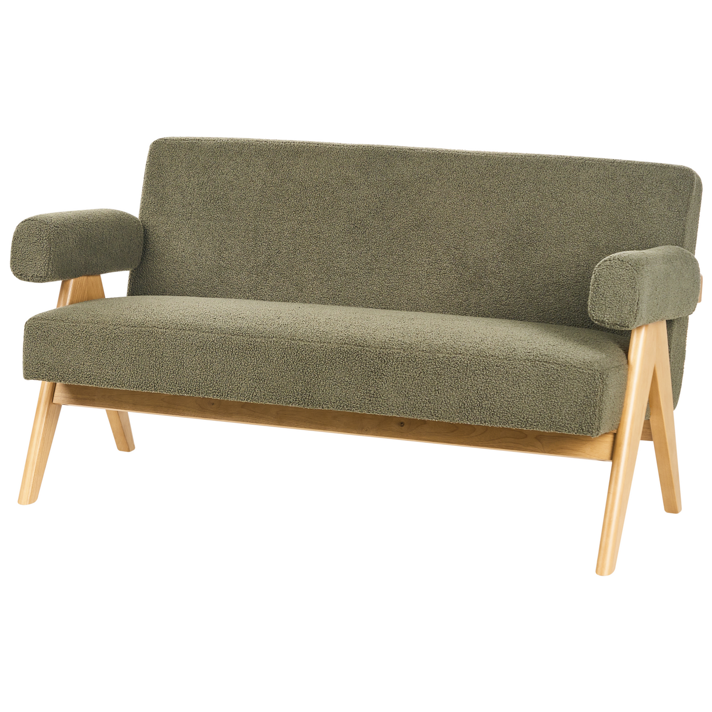 Asterra Boucle Sofa Set 2 Seater Green and Light Brown Wooden Legs