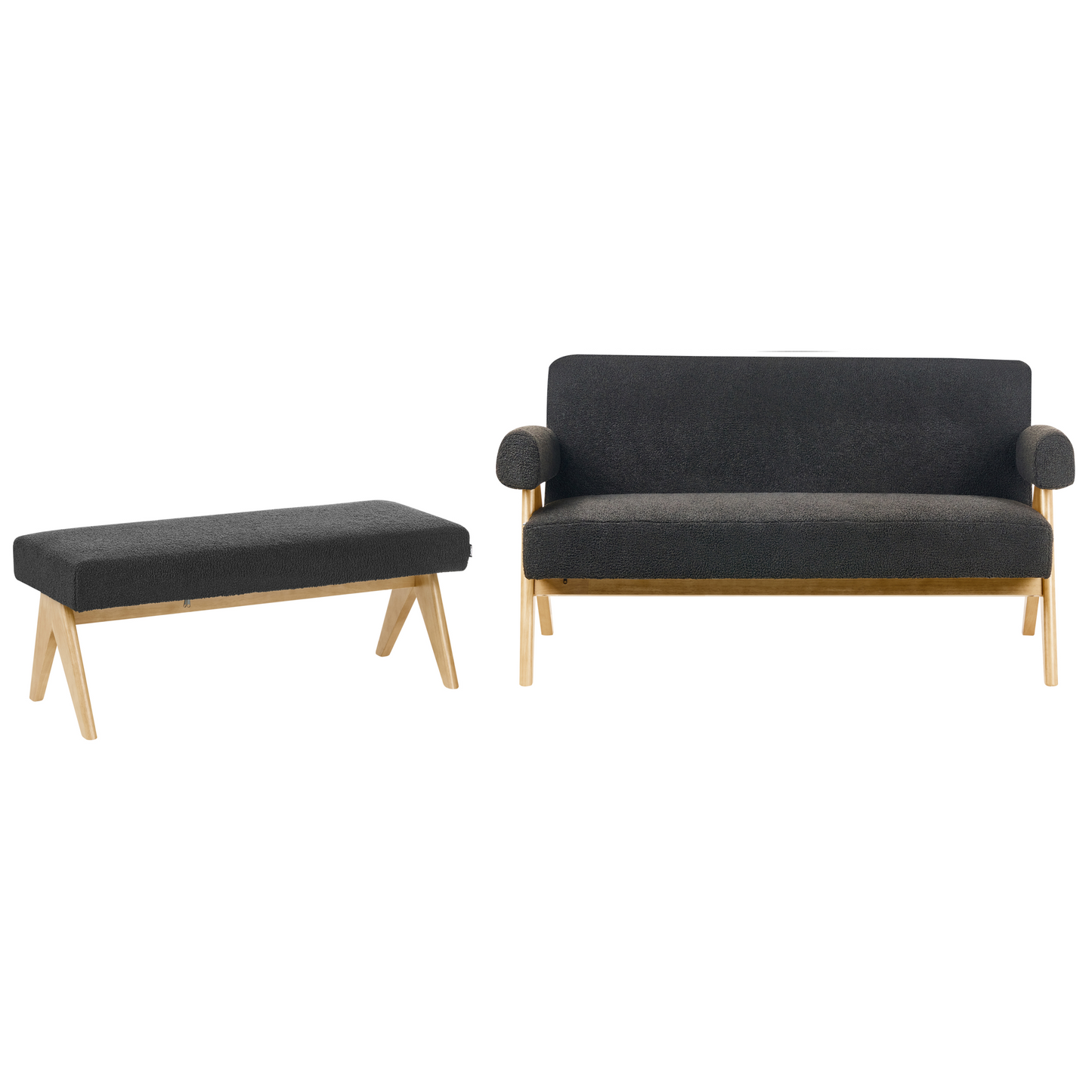 Boucle Sofa Set 2 Seater With Bench Black And Light Brown