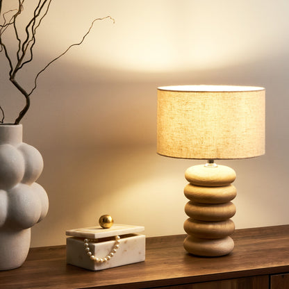Living Table Lamp Light Brown Beige Linen Cotton Shade Mango Wood Base 41cm Modern Design