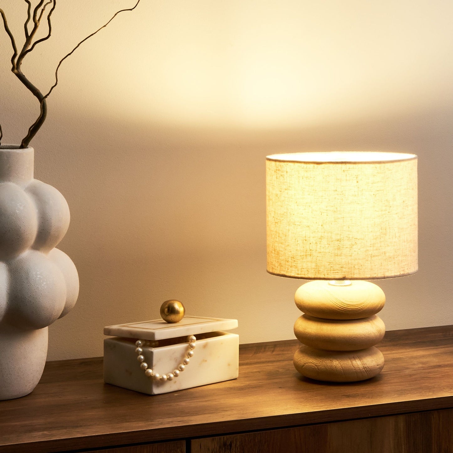 Mangowood Table Lamp Beige Linen Shade 30cm