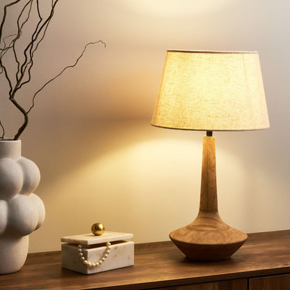 Mango Wood Table Lamp With Dark Brown Beige Linen Shade 54cm