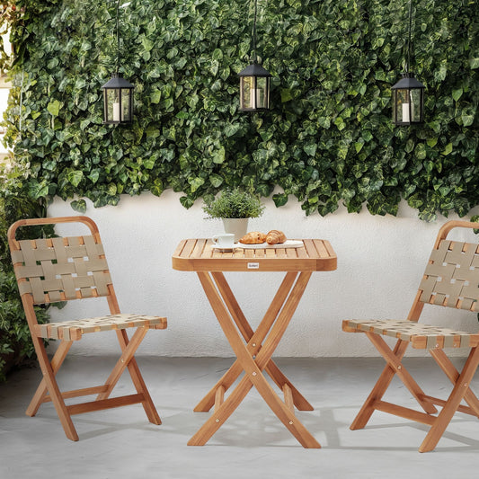 3 Piece Folding Bistro Set Brown Acacia 2 Chairs Table