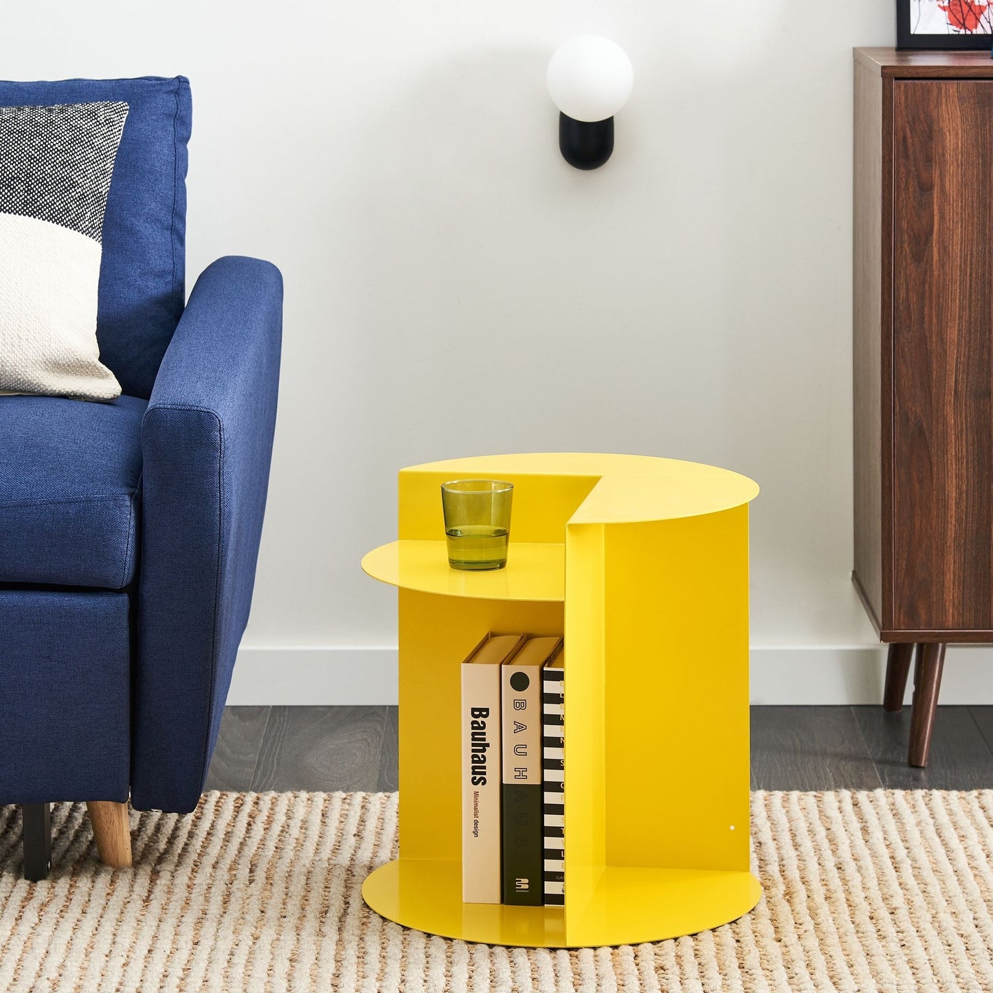 Yellow Metal Round Geometric Side Table With Shelf