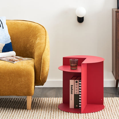 Red Metal Round Geometric Side Table With Open Sided Design And Built In Shelf